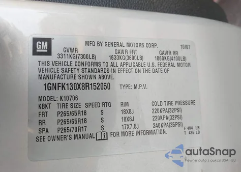 2008 Chevrolet Tahoe Lt from USA, damaged, VIN 1GNFK130X8R152050